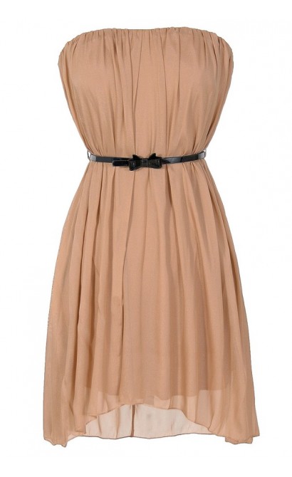 Tara Bow Belted Strapless Chiffon Dress in Taupe